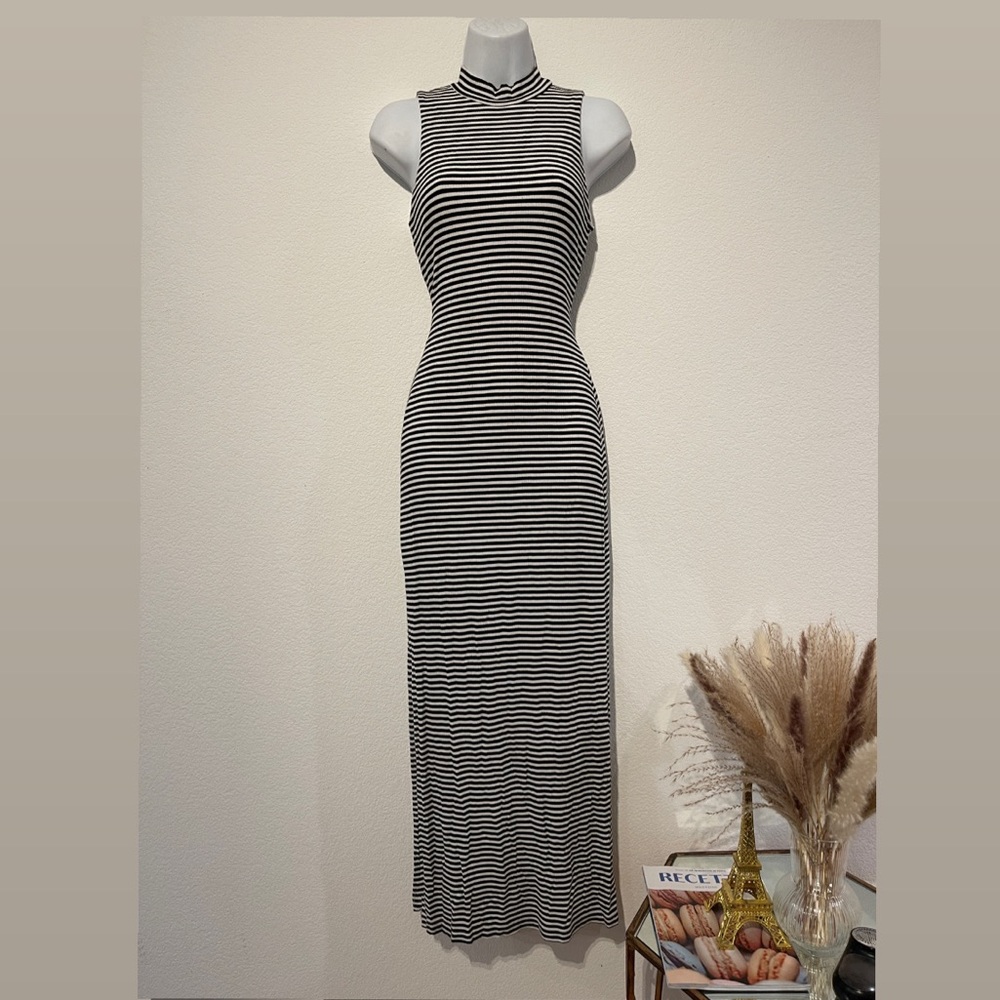 VELVET TORCH black and white stripes mock neck maxi dress